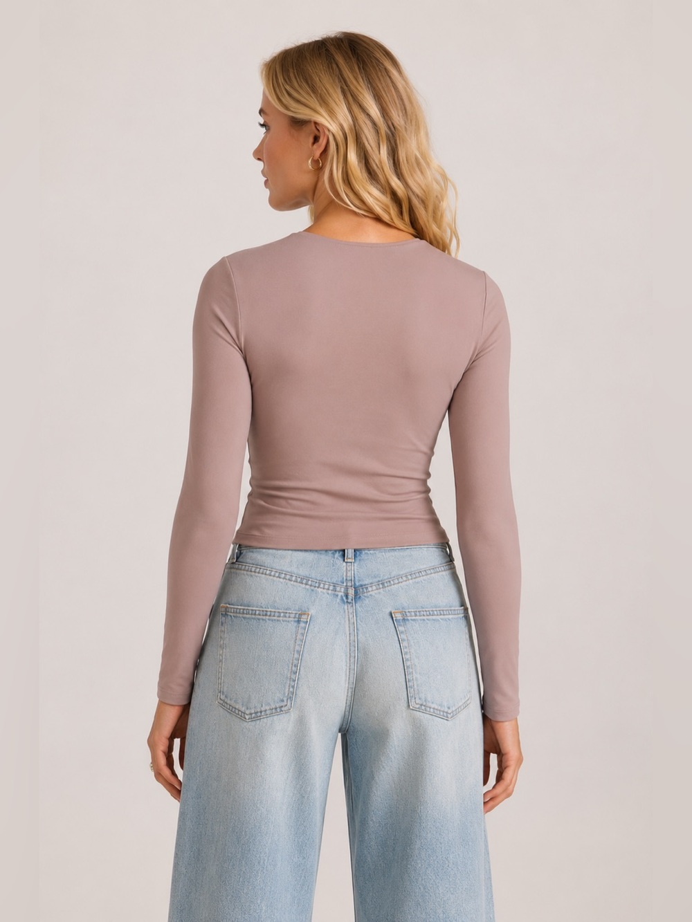 Susana Monaco Long Sleeve Crew Top Coco Tan Large NWT Fitted Stretch Jersey USA - Picture 3 of 5